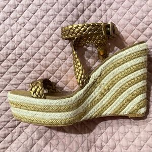 Brian Atwood Cool Bronze Woven Leather Espadrille Sandals Wedges 41/10 NEW